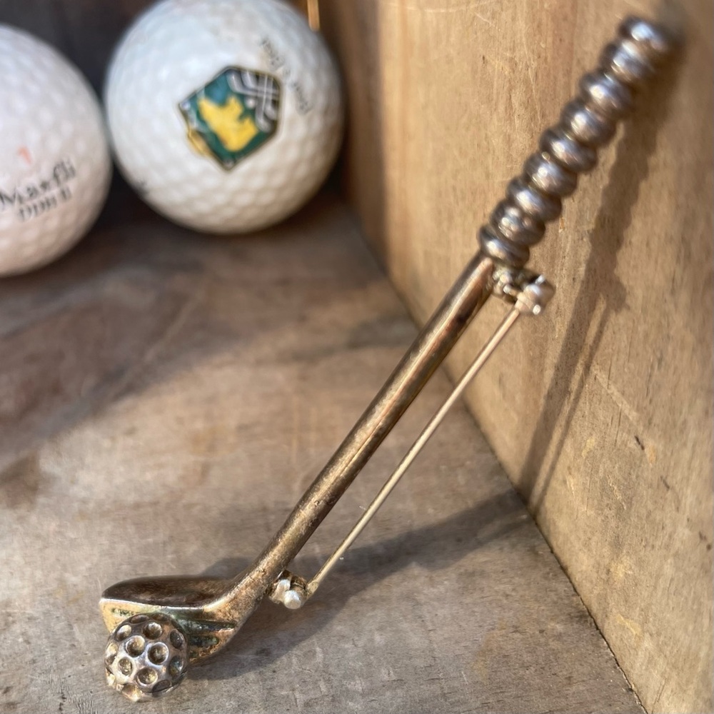 Vintage Artisan Made Sterling Silver Golf Club & Ball Pin Brooch